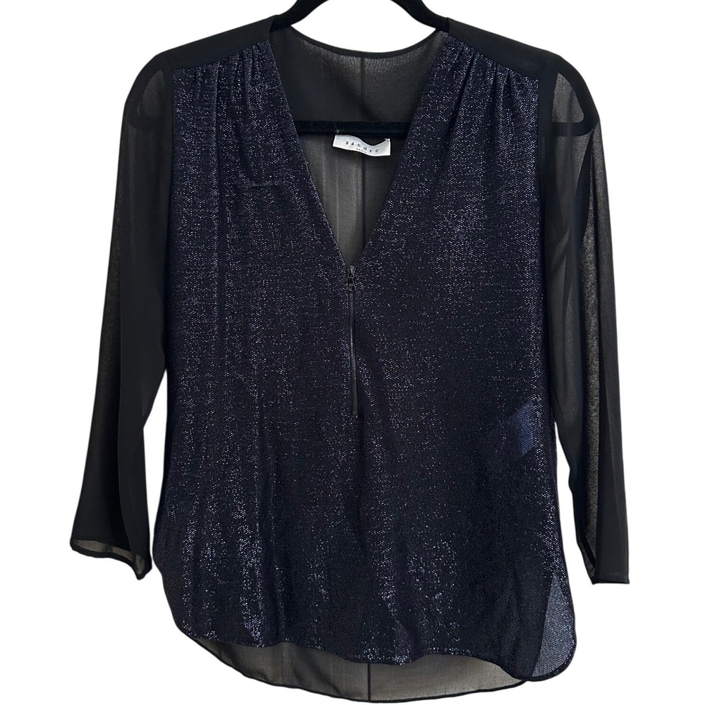 Sandro Paris Black & Deep Navy Metallic Shimmer Sheer Long Sleeve V-Neck Blouse